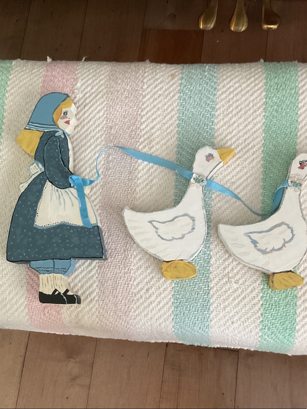 Hand-Painted Folk Art Girl and Geese Wall Garland - Blue & White